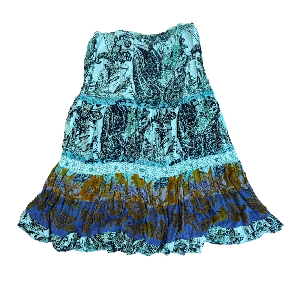 Boho Tiered Maxi Skirt in Teal Paisley